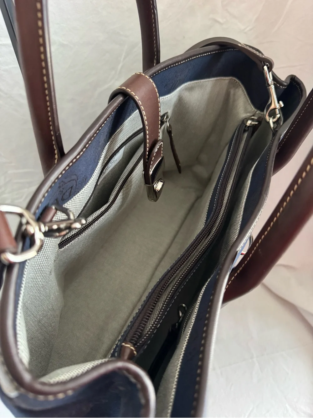 Dooney & Bourke Monogram Canvas Double Handle Tote Bag Navy Blue Brown Leather